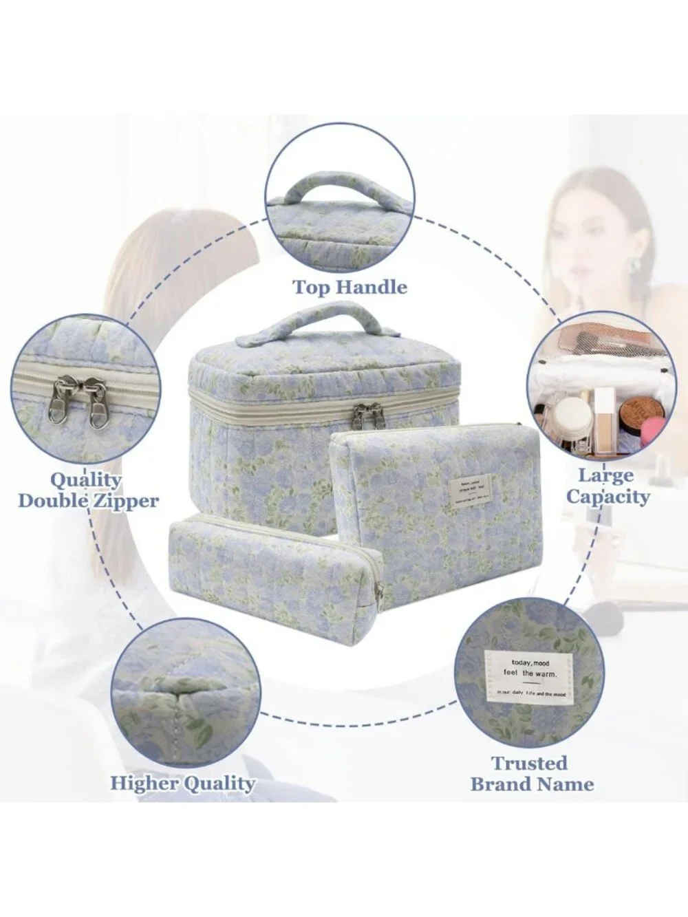 3pc Floral Makeup Bag Set - Quilted Cosmetic Organizer for Travel & Toiletries
